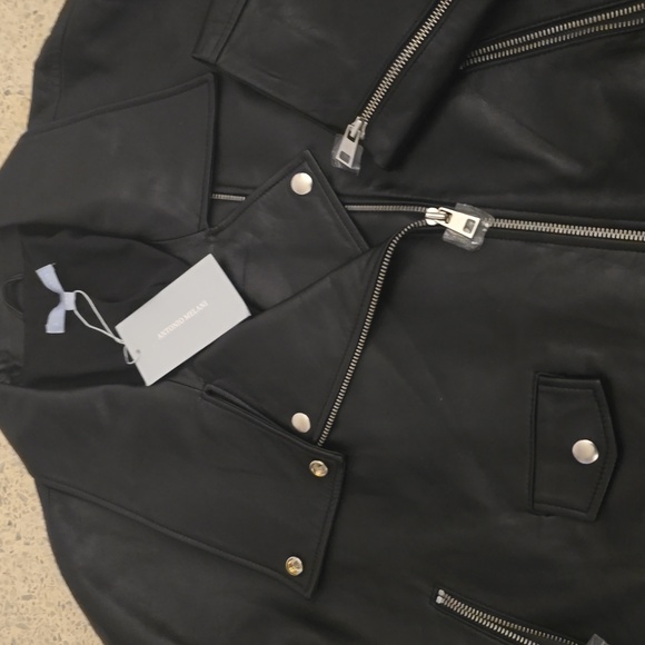 Antonio Melani Black Leather Jacket Biker Moto Silver Zippers New XL Retro 90s - Picture 5 of 11
